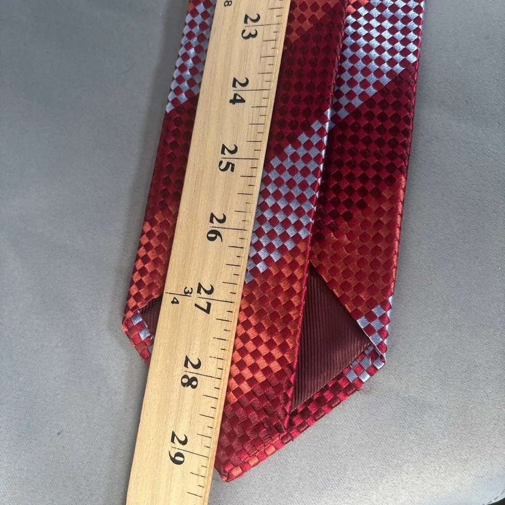 Villa Bolgheri Italy Mens Silk Tie Red Orange Silver Geometric Checkered Stripe